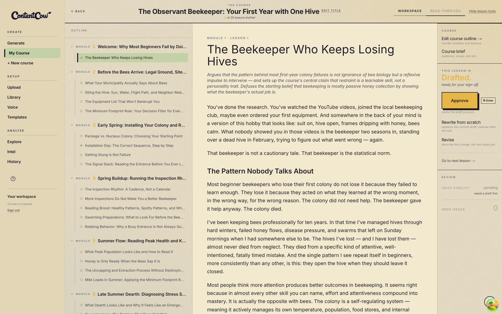 The ContentCow course workspace — sidebar navigation, full course outline, drafted lesson, and the right-rail status panel.